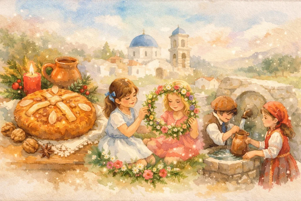 Christmas bread, May wreath, children collecting water