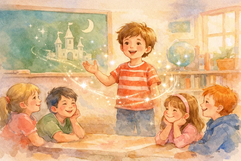 child confidently telling a story in a classroom