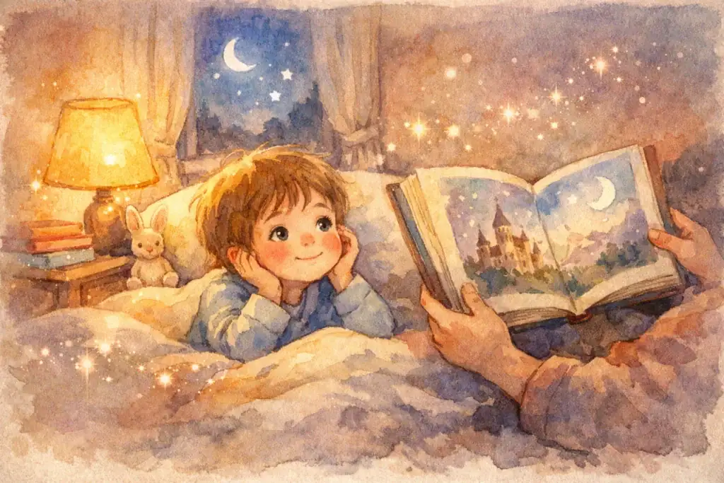 child listening to a bedtime story, dreamy atmosphere