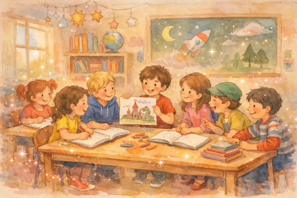 classroom with children creating stories together