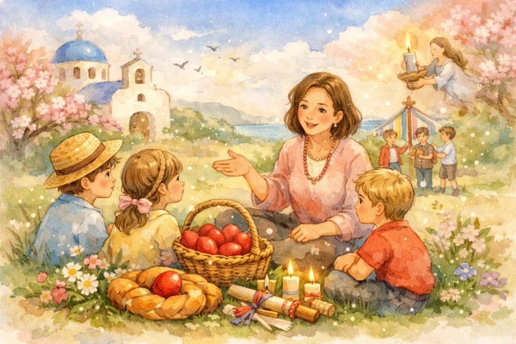 teacher explaining Greek traditions to children