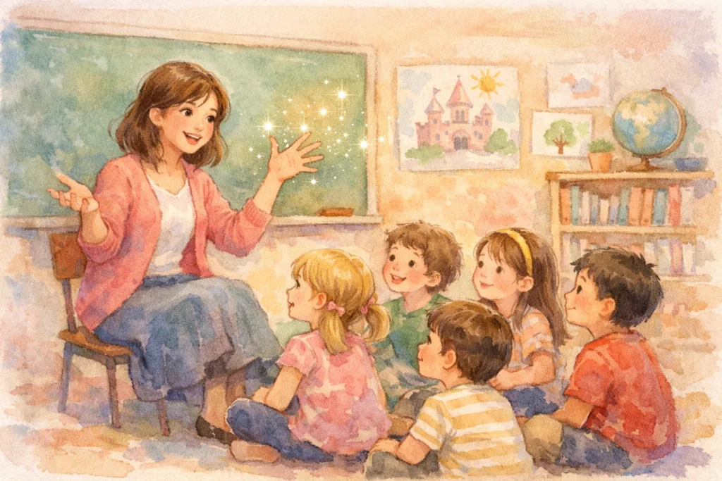 teacher telling a story to children in a classroom