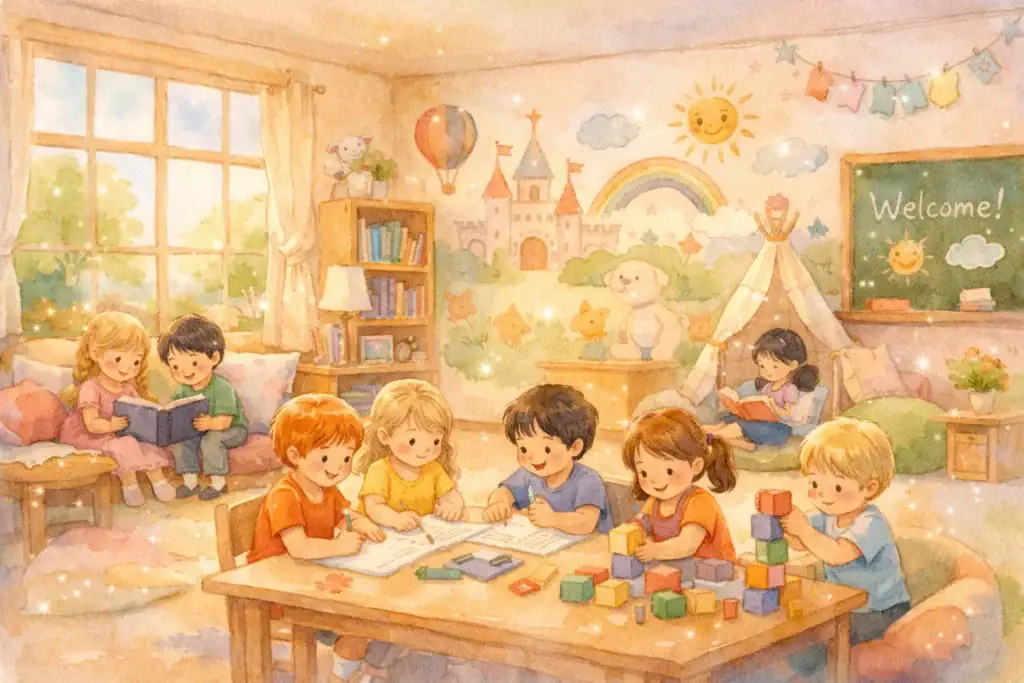 warm, magical classroom with soft pastel colors, smiling children working together